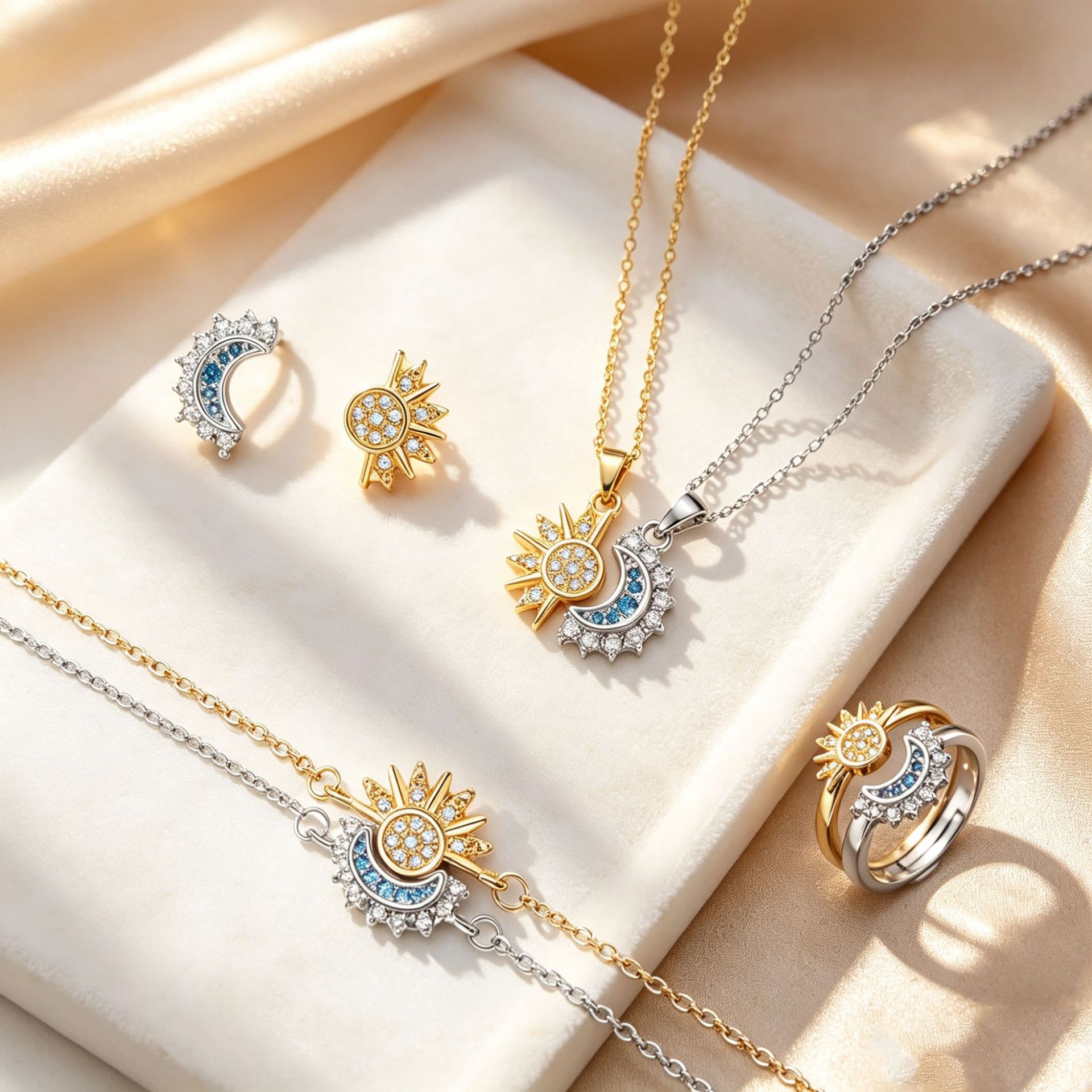 Lightweight luxury sun and moon necklace with a mini necklace woman sun and moon open mouth ring personality overlapping trendy lockbone necklace set