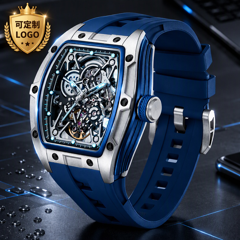 Cross-border bestseller: hollow‑design mechanical men’s watch, barrel‑shaped, with silicone strap, waterproof and luminous, fully automatic leather‑band timepiece.