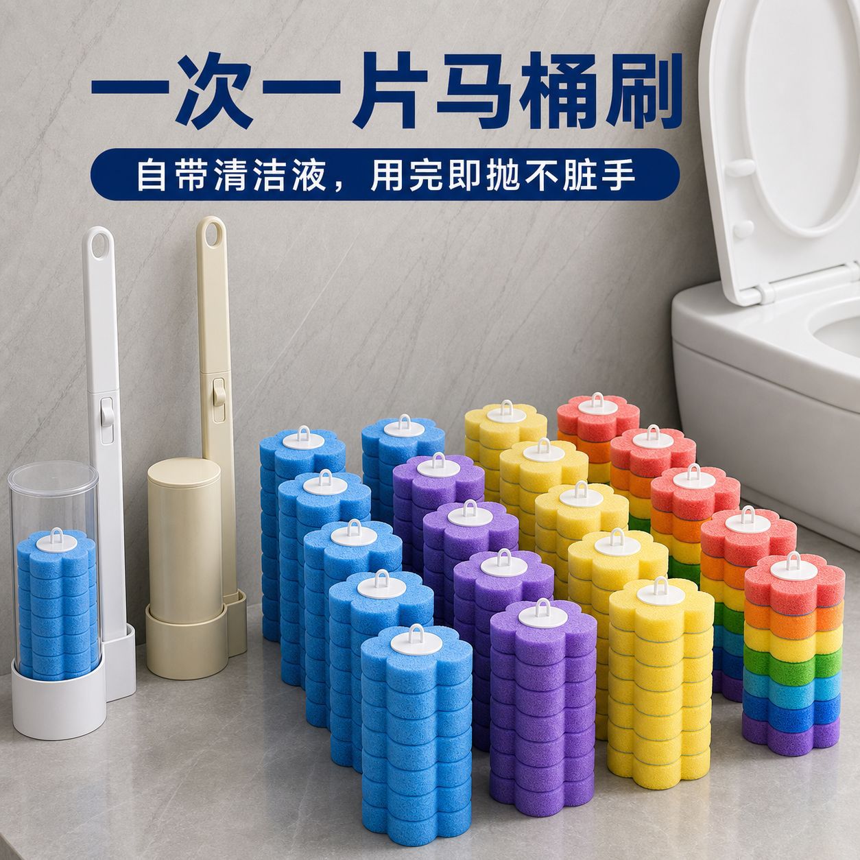 Household disposable toilet brush, for bathroom and restroom cleaning, with replaceable sponge heads.