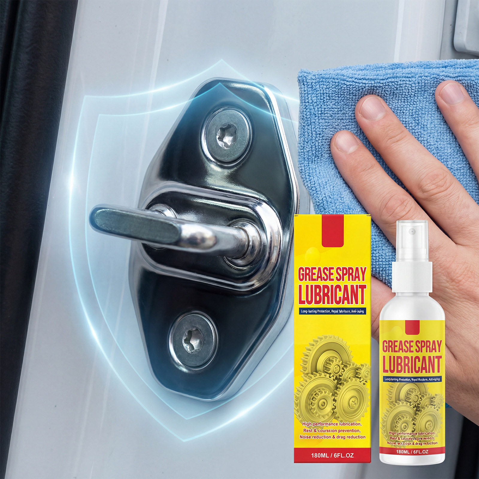 Rust-removal and lubricating spray—gentle, cleans, cares for metal, reduces noise, ensures smooth operation; suitable for automotive hardware and multiple applications.