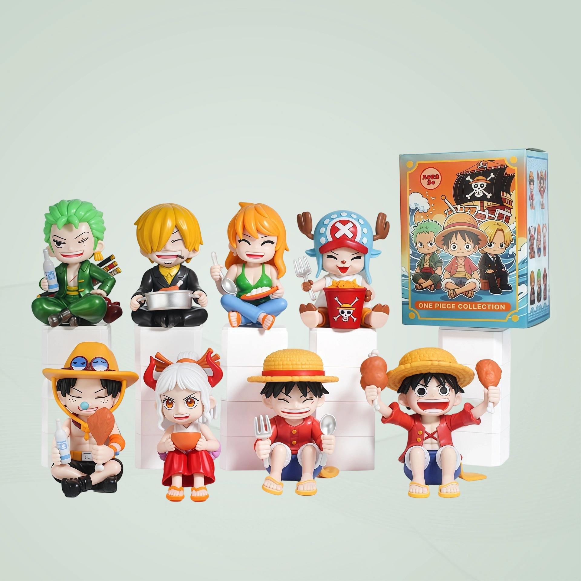 8 styles of gourmet-themed One Piece figurines—Luffy, Zoro, Sanji, Ace, and more—in Q-version anime figures and models