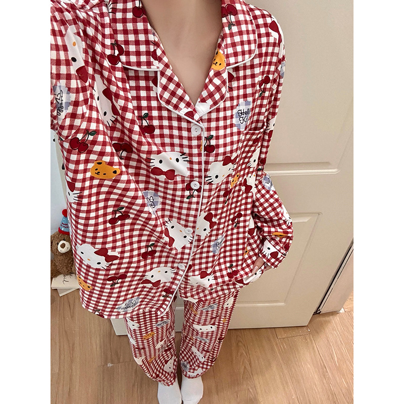 Red grid KT cat pyjamas women spring and autumn new style cotton Korean ins flip leader home outfit