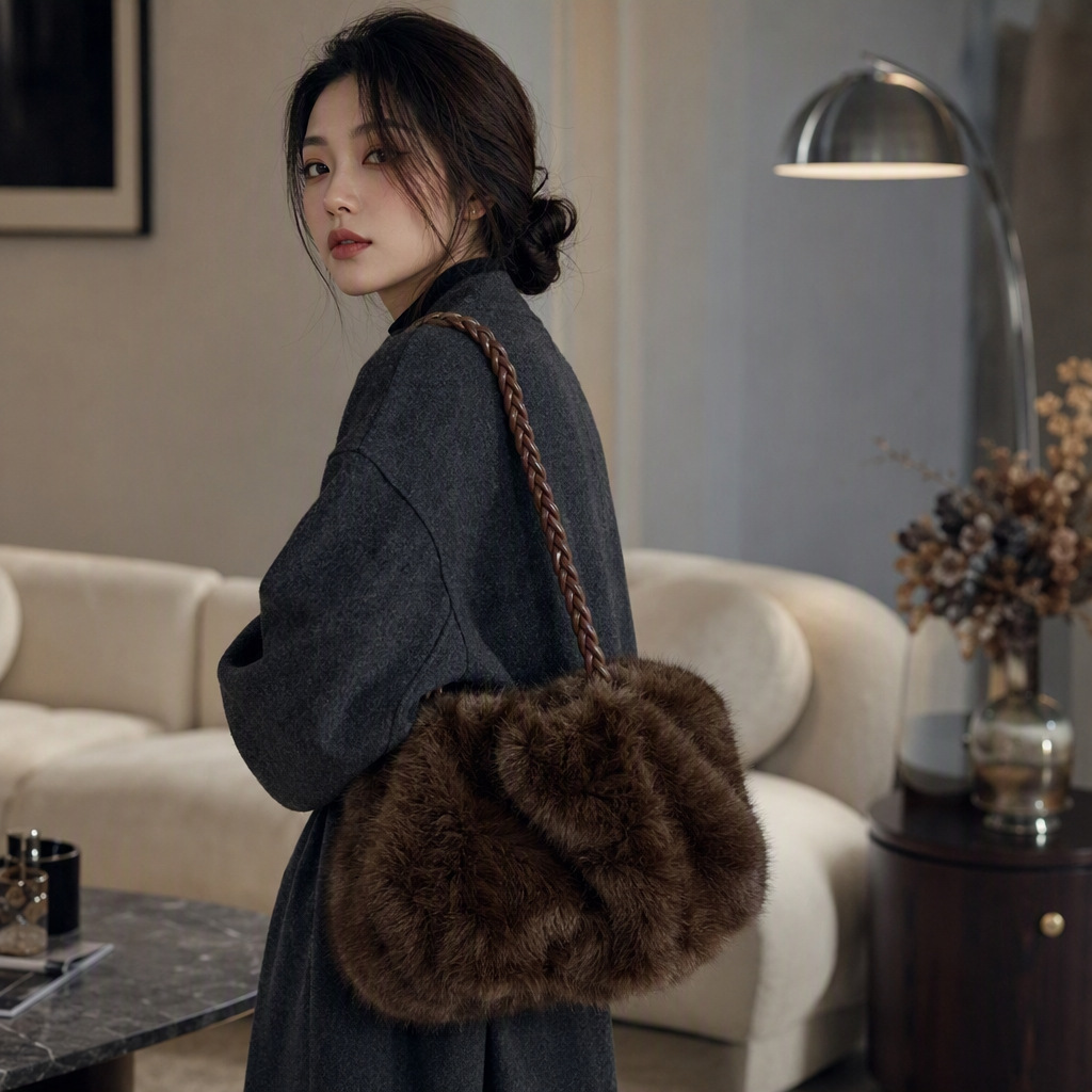 New stylish plush bag, high-end textured woven tote shoulder bag, large-capacity crossbody bag, plush tote