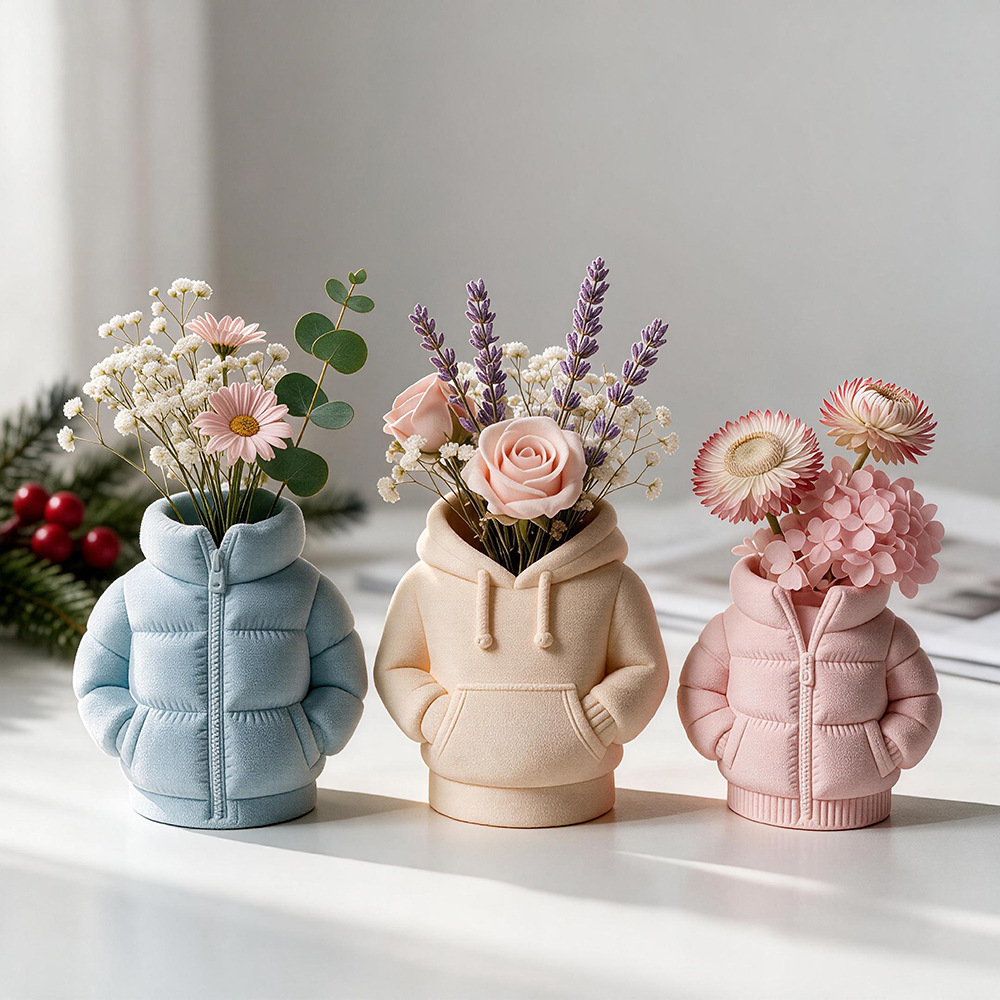 Quan Mingxiang multi‑style clothing‑inspired concrete vase molds: down jacket, doctor, astronaut decorative ornaments mold