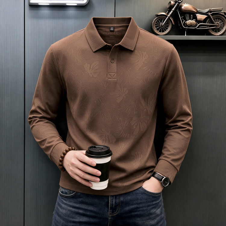 Autumn high-end long-sleeve polo shirt for men, vintage “old money” style with jacquard pattern, fashionable and affordable luxury, turn-down collar, versatile men’s polo.