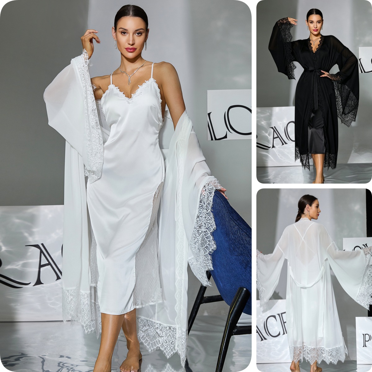 High-class bride-to-be at home with two sets of sleeping bags, lace, trumpet sleeves, outer robe, open forks, suspenders, and long pants 1186+420