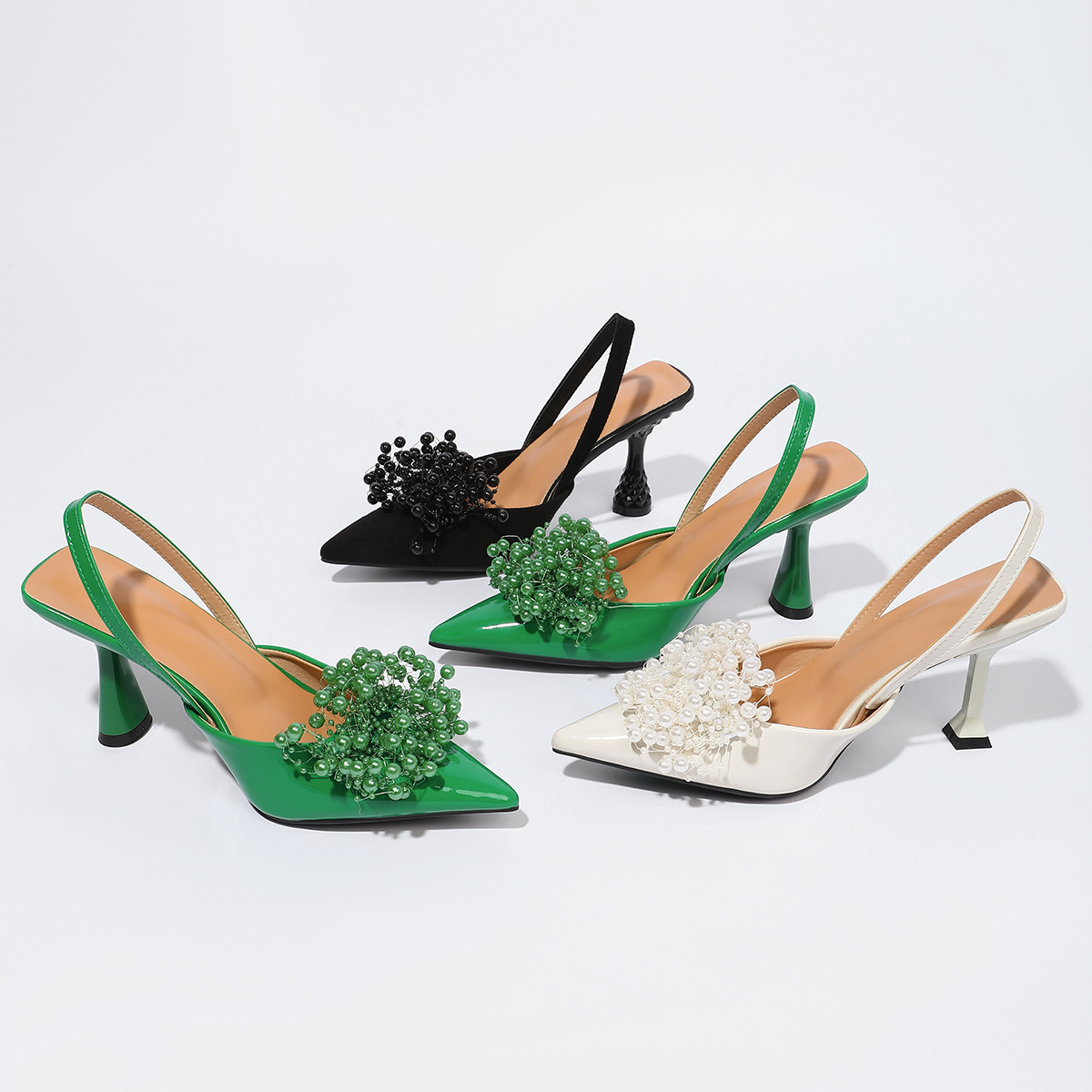 Cross-border exclusive on Amazon—light luxury beaded floral cluster-decorated pointed-toe backless high heels—multiple colors available for wholesale