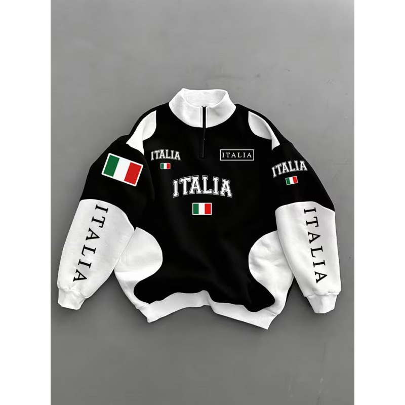 Cross-border men's black-and-white color-block racing 3D printed long-sleeve polo shirt with half-zip stand-up collar long-sleeve top