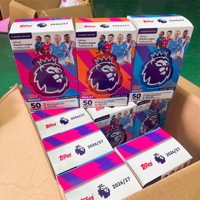 2026-27 Topps the flagship series of the Premier League Super Iron Box surrounded by a collection of star cards
