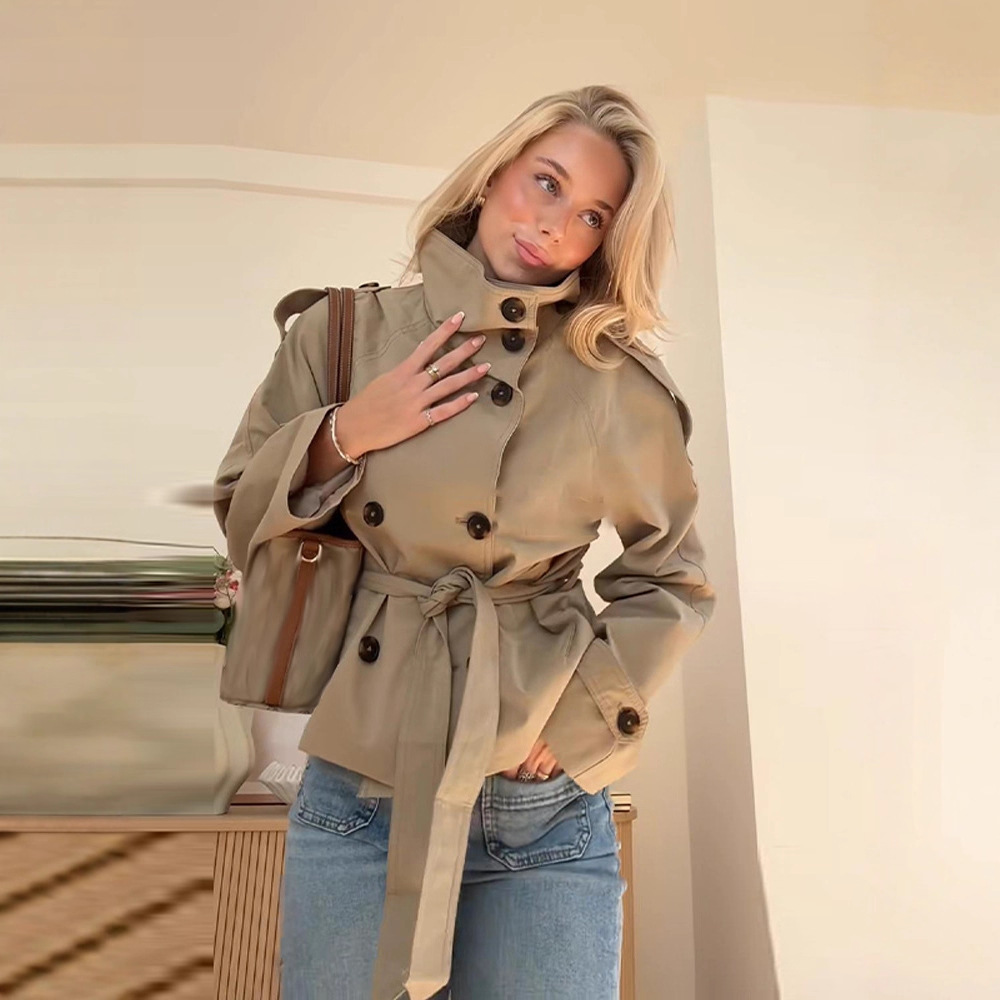 Foreign Trade 2025, a new retro collar design with a double-striped buckle and a long-sleeved sweater jacket