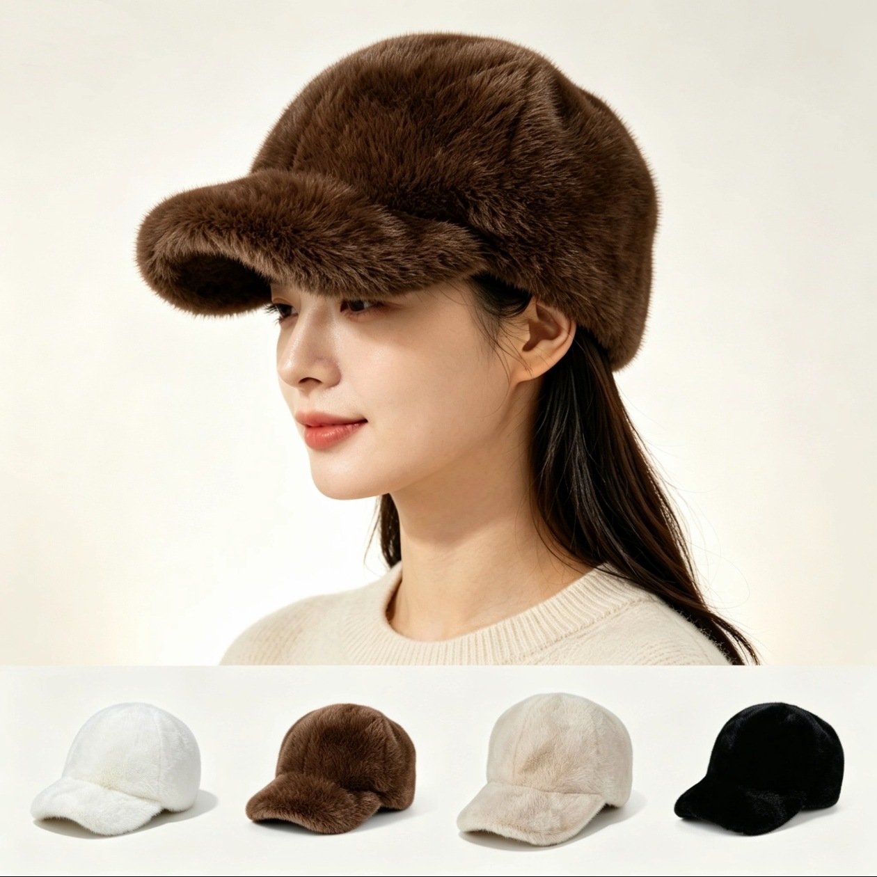 Women’s Mink Fur Hat, New Autumn/Winter Style—Warm Fur, Mink Hair Peaked Cap, Korean‑Style Fashionable All‑Match Baseball Cap, Trendy