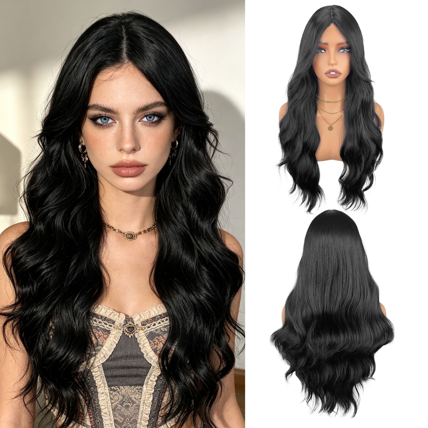 Best-selling European and American high-temperature fiber large-wave black voluminous middle-part long curly wig, women’s hairpiece—wholesale from the manufacturer.
