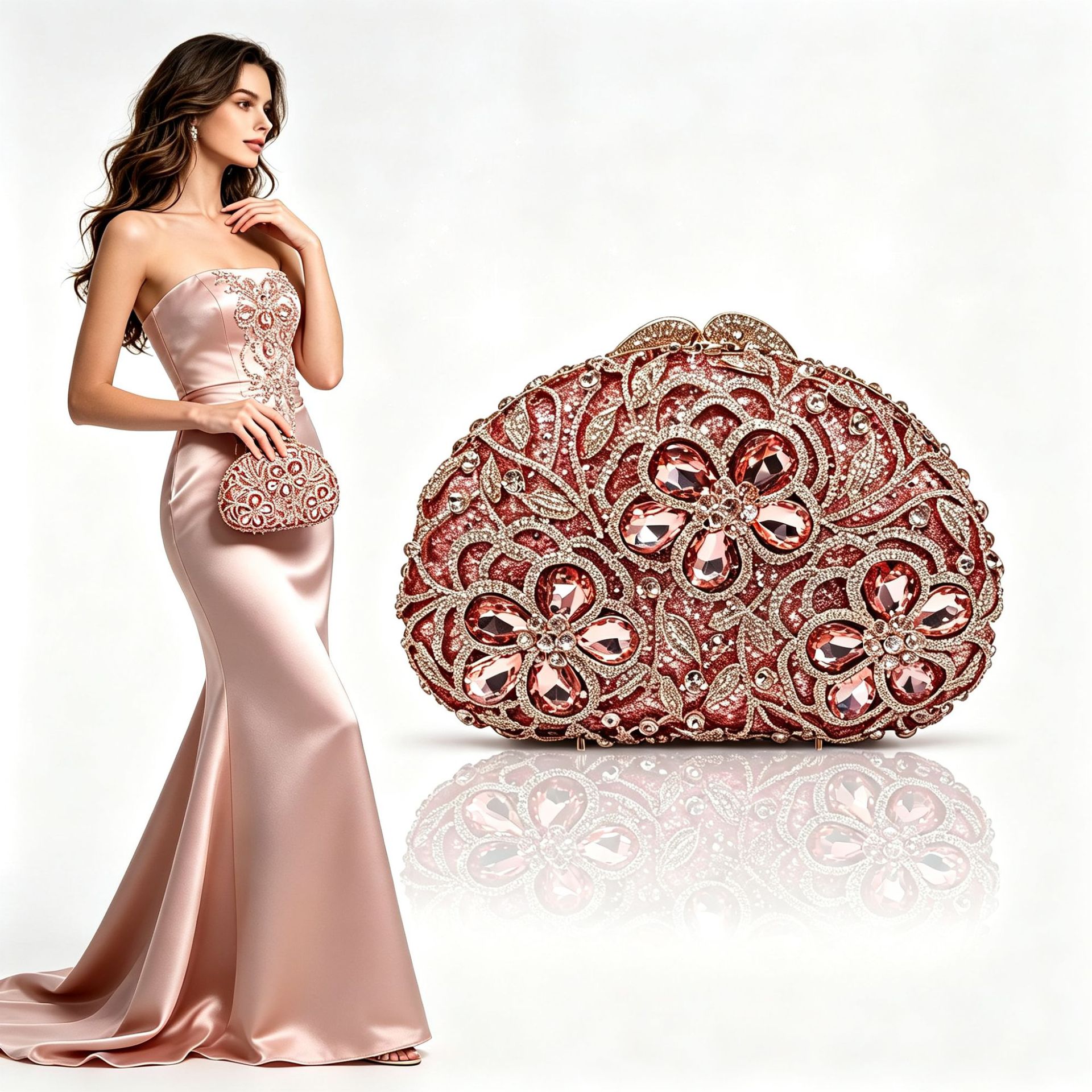 Pink Floral Hollowed-Out Full-Diamond Oval Evening Bag—Elaborately Crafted Rhinestone Small Clutch—Bridal Dress Chain Bag