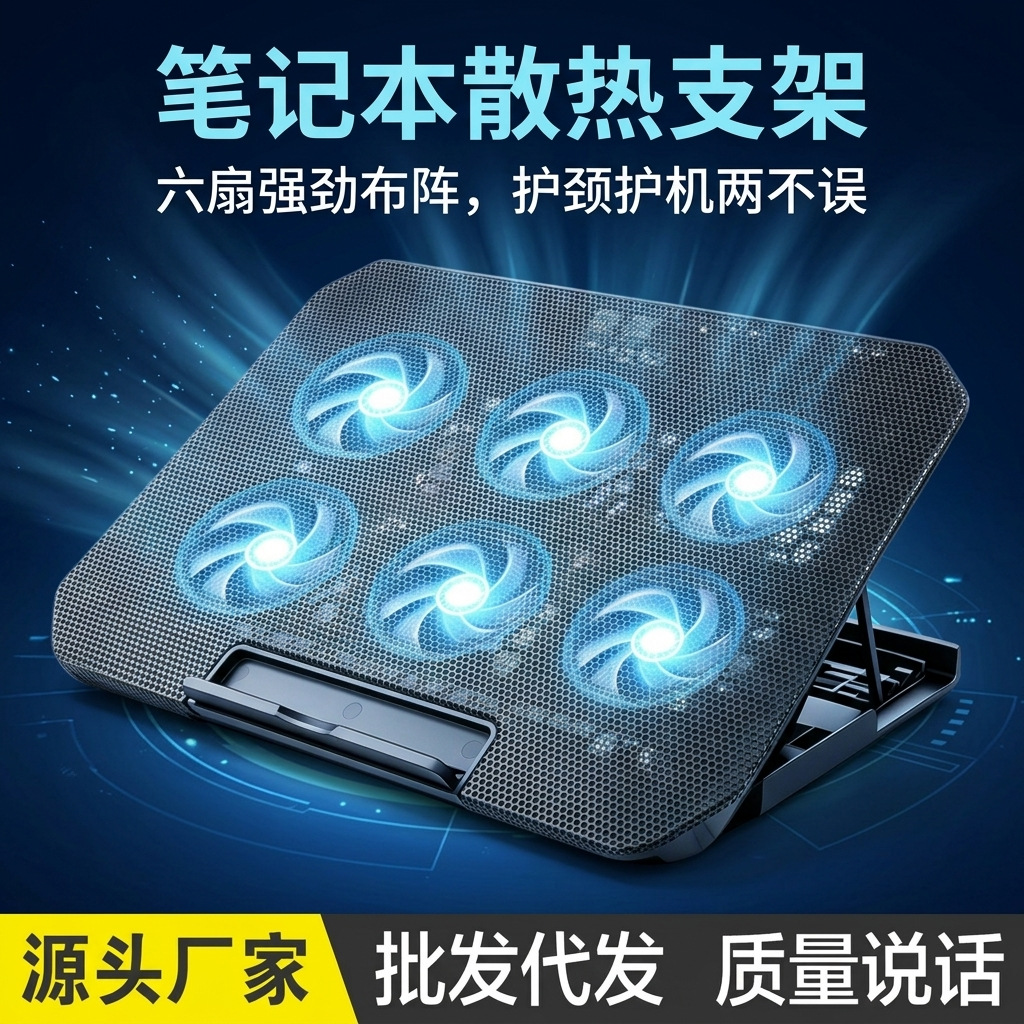 Six-core fan laptop cooler, dual-interface gaming laptop cooling stand, multi-level height-adjustable cooling base