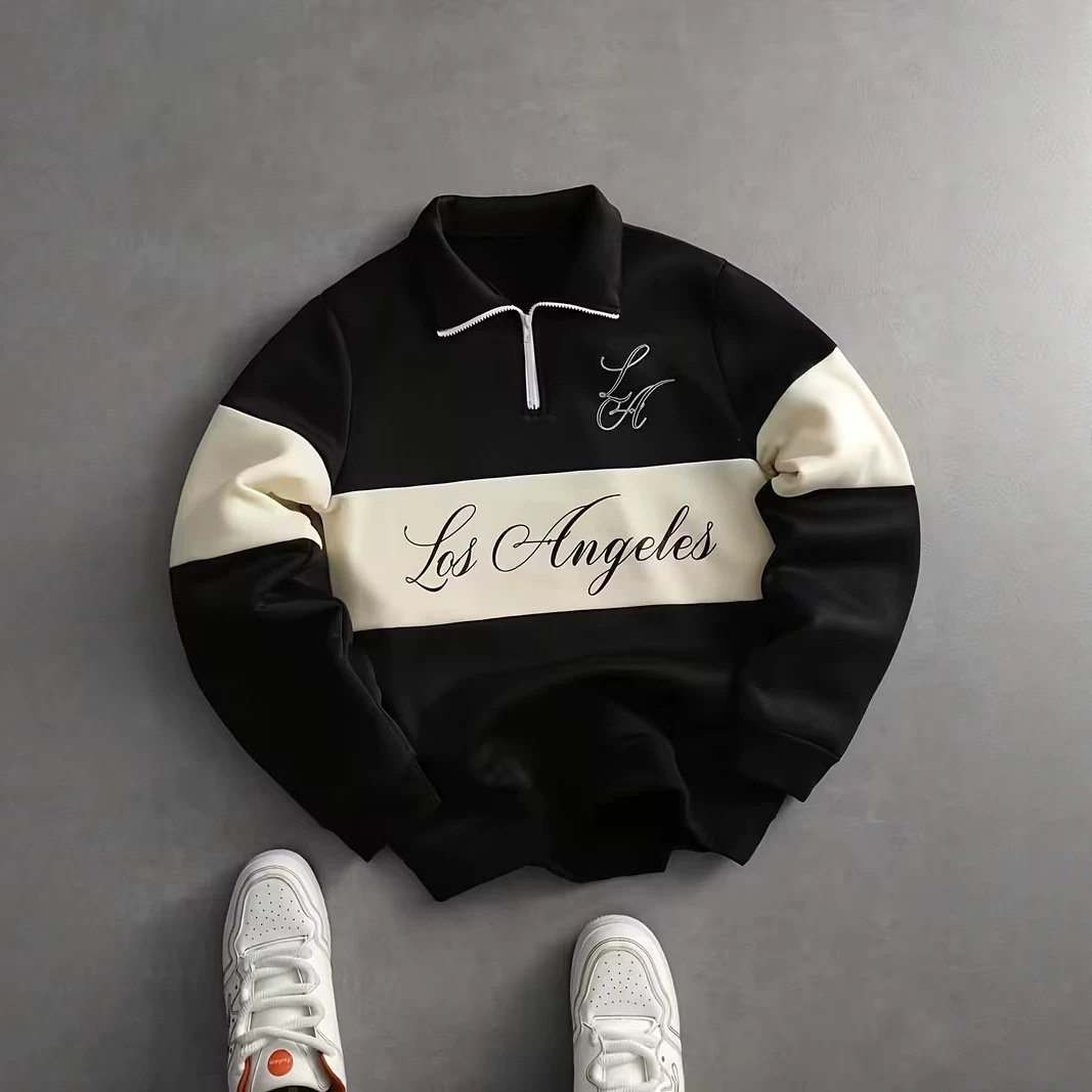 Cross-border TEMU American-style trendy men's autumn fashion simple letter 3D printed pattern patchwork loose stand-up collar top