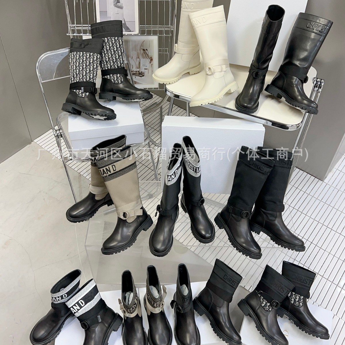 Classic D Brand Autumn/Winter Embroidered Letter Snowflake Over-the-Knee Knight Boots, Colorblock Coarse Woolen Leather Thick-Soled Tall Boots for Women