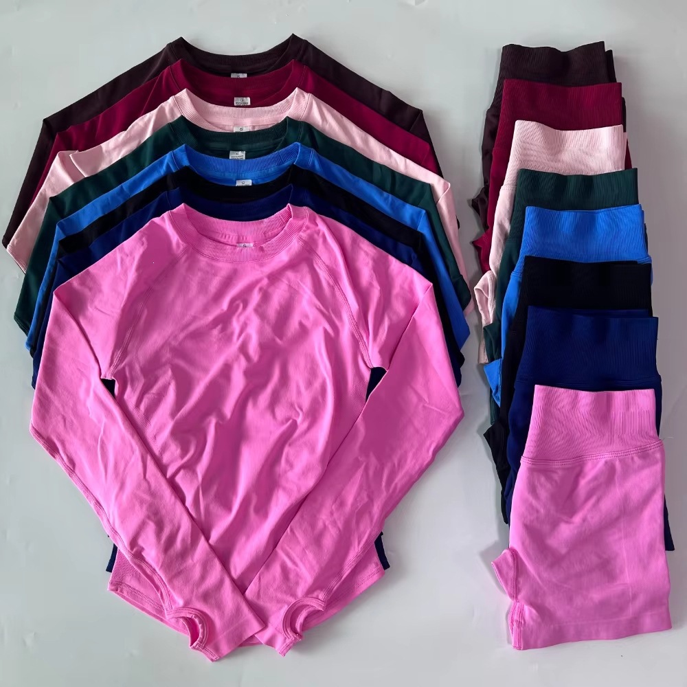 32 Colors Cross-Border Seamless DFYNE Yoga Outfit, Autumn/Winter Solid Color Long-Sleeve Shorts 2-Piece Set, Women’s Sports Fitness Wear