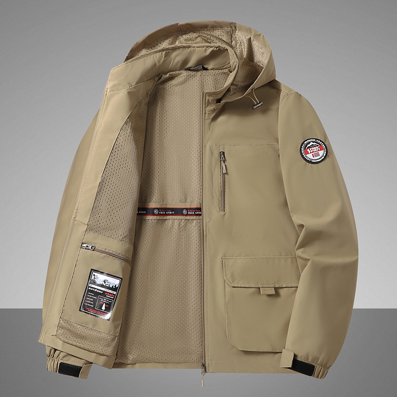 Spring/Autumn New Jacket, Multi-Pocket Workwear for Men, Lightweight Outdoor Windbreaker, Stand-Collar Outerwear, Large-Size Sporty Trench Coat