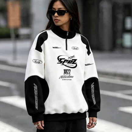 Supports dropshipping; cross-border American-style color-block racing-inspired printed cool girl stand-up collar long-sleeve POLO sweatshirt