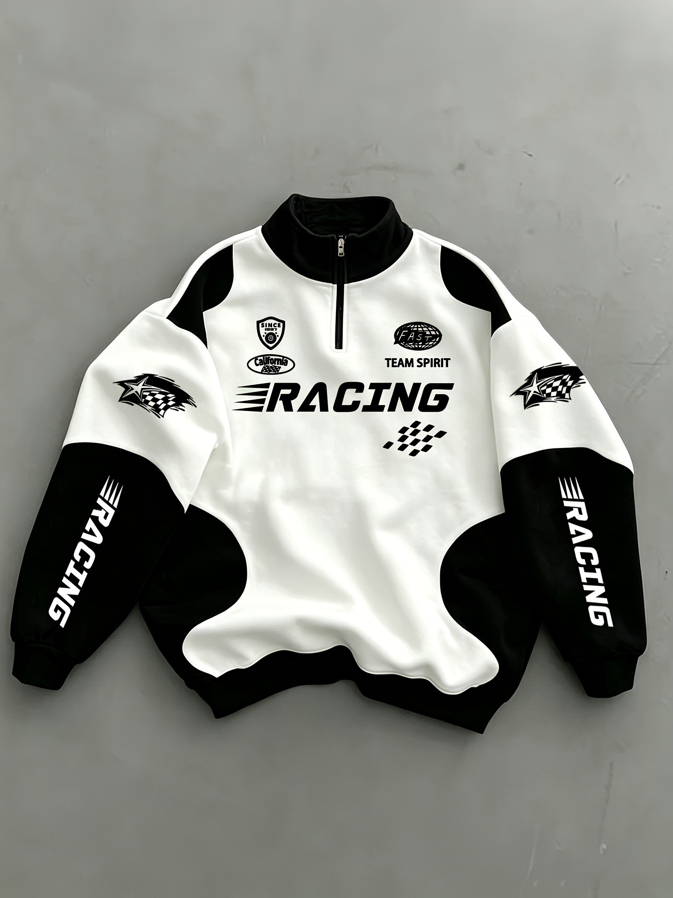 Men’s half-zip pullover sweatshirt, black-and-white color-block, racing print, polyester fiber, breathable for daily outings