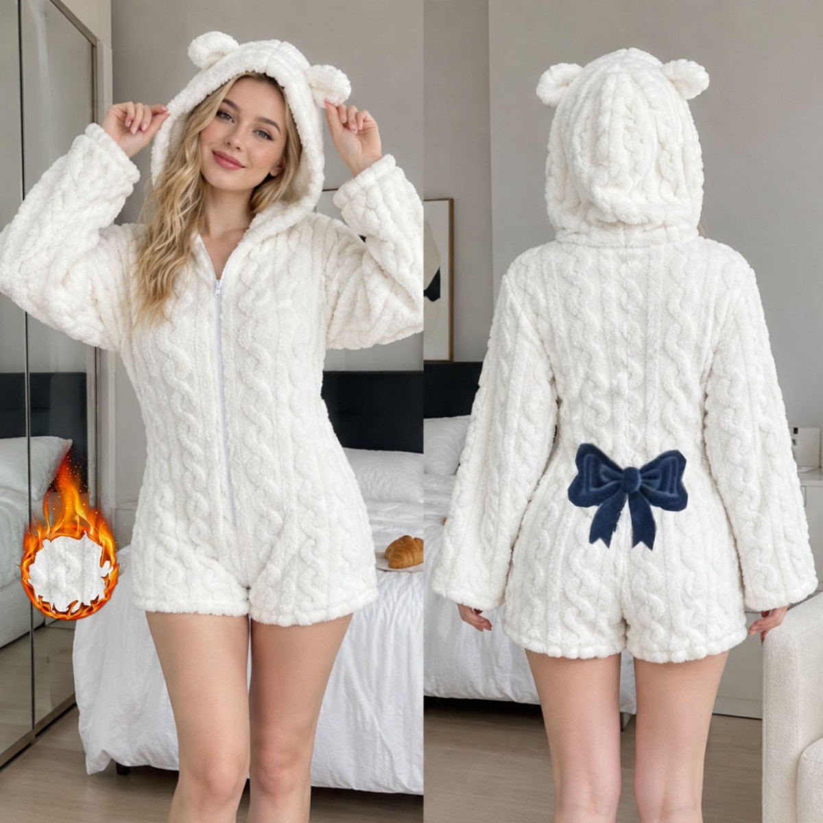 Autumn/winter cable-knit plush bear-ear hooded one-piece pajamas with a back bow, small bear appliqué, zipper, short-length home wear