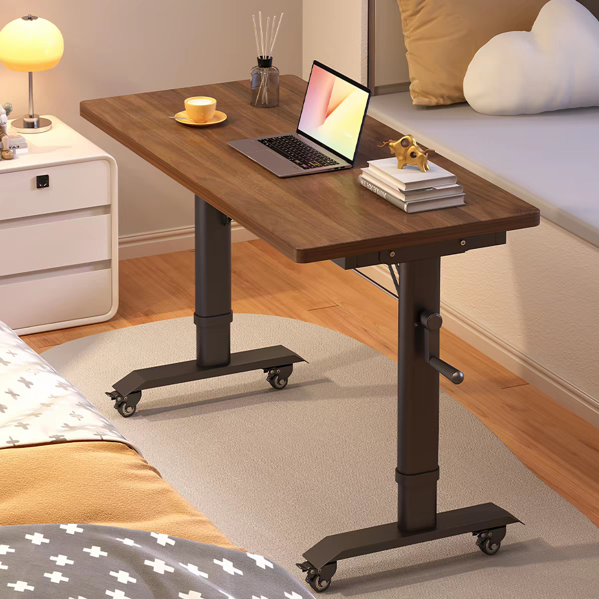 Portable Hand-Crank Height-Adjustable Desk, Home Bedroom Bedside Computer Desk, Simple Office Desk with Adjustable Height