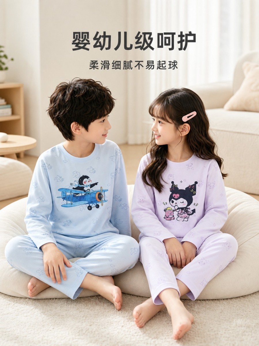 26 New Lycra Cotton Cartoon Autumn Top and Pants Set, Cute Brooch, Class A Children’s Pajamas, Baby Pure Cotton Base Layer