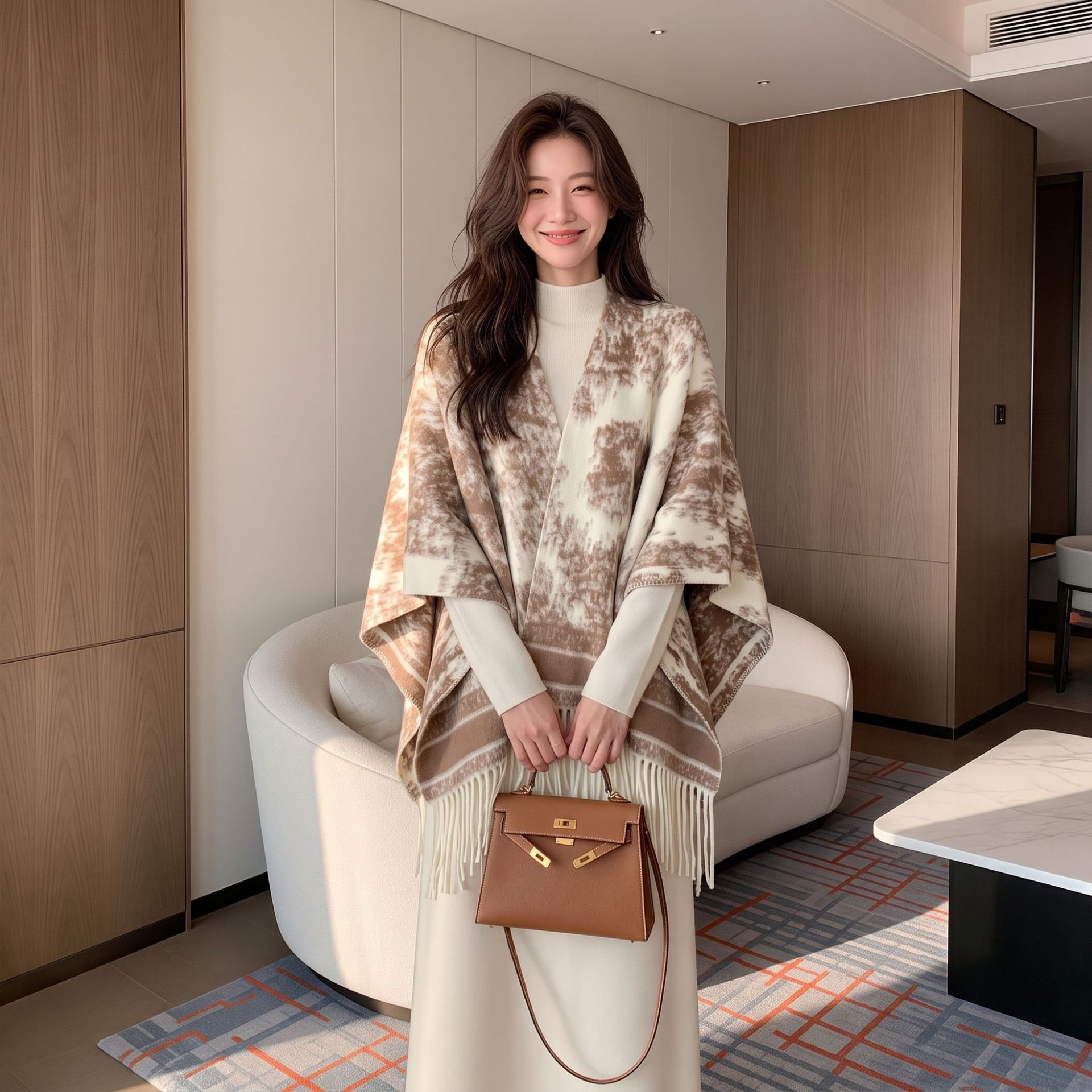New high-end ink‑wash jacquard shawl‑cape with tassels—soft, cozy, and warm; perfect for everyday wear, outings, or as an outer layer; a livestream bestseller.