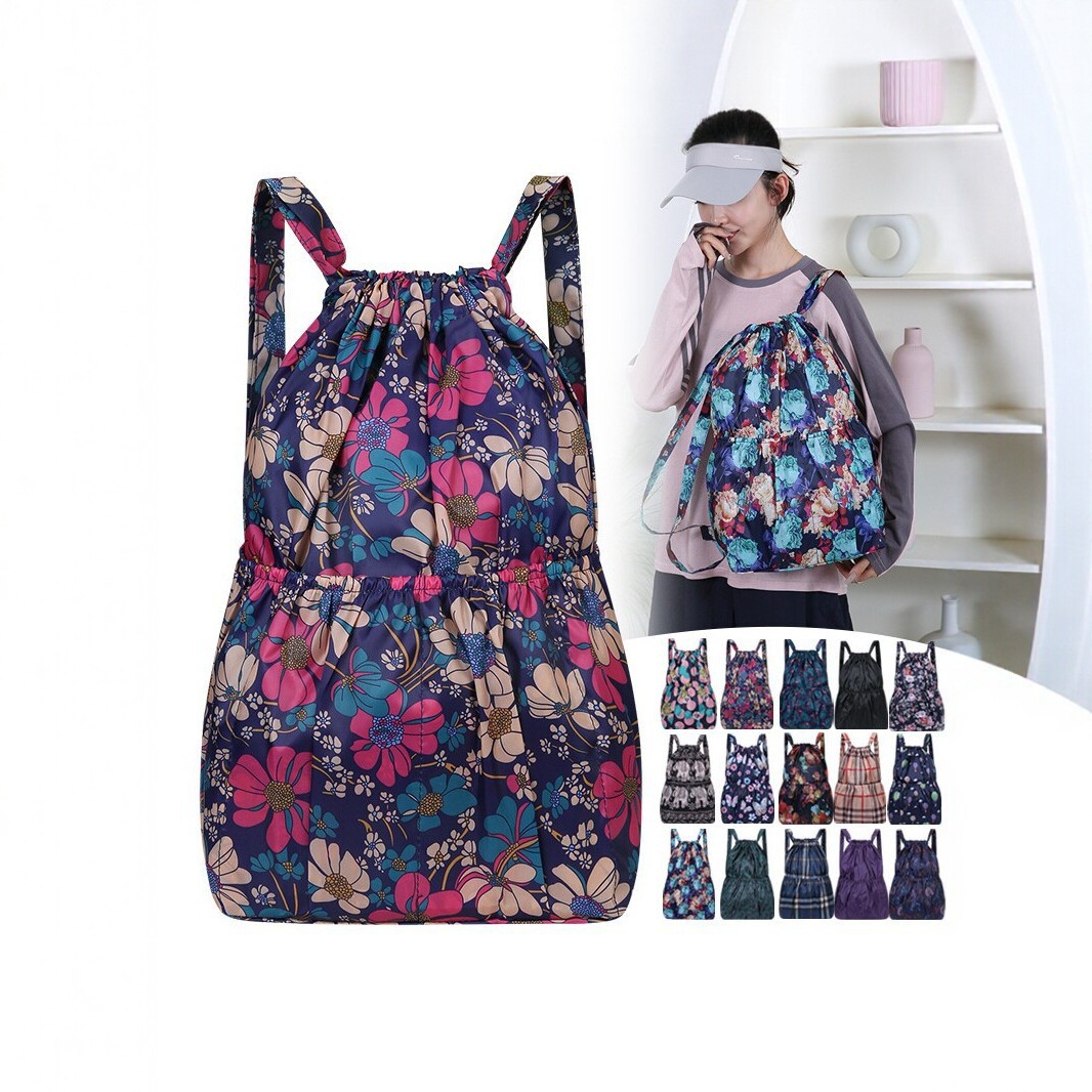 Printed Drawstring Backpack for Women, Lightweight Nylon Foldable Drawstring Bag, Large-Capacity Travel Storage Bag, Casual Backpack