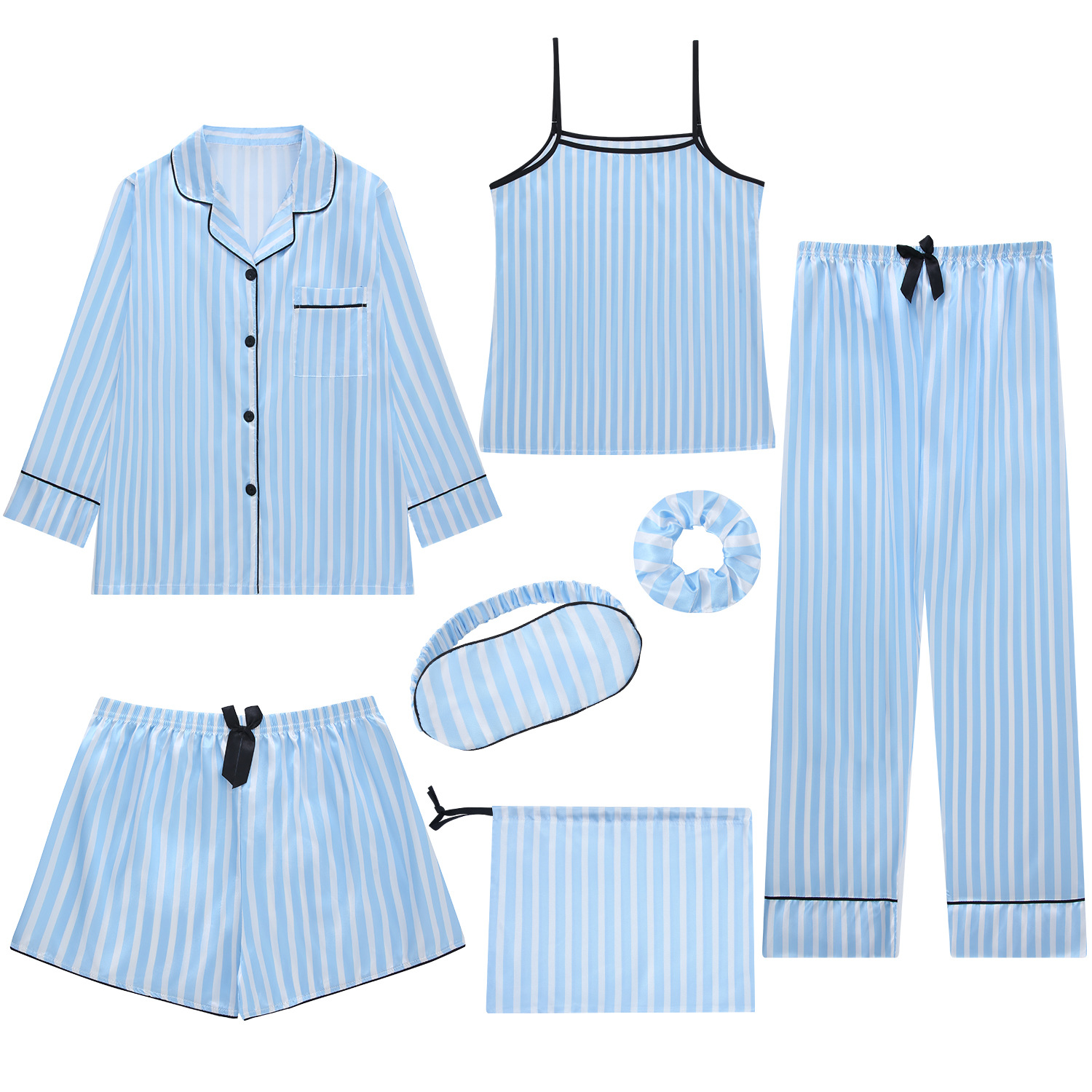 Foreign-trade thin ice-silk pajamas for women: secret blue striped color-block lace-trimmed nightgown, seven-piece homewear set