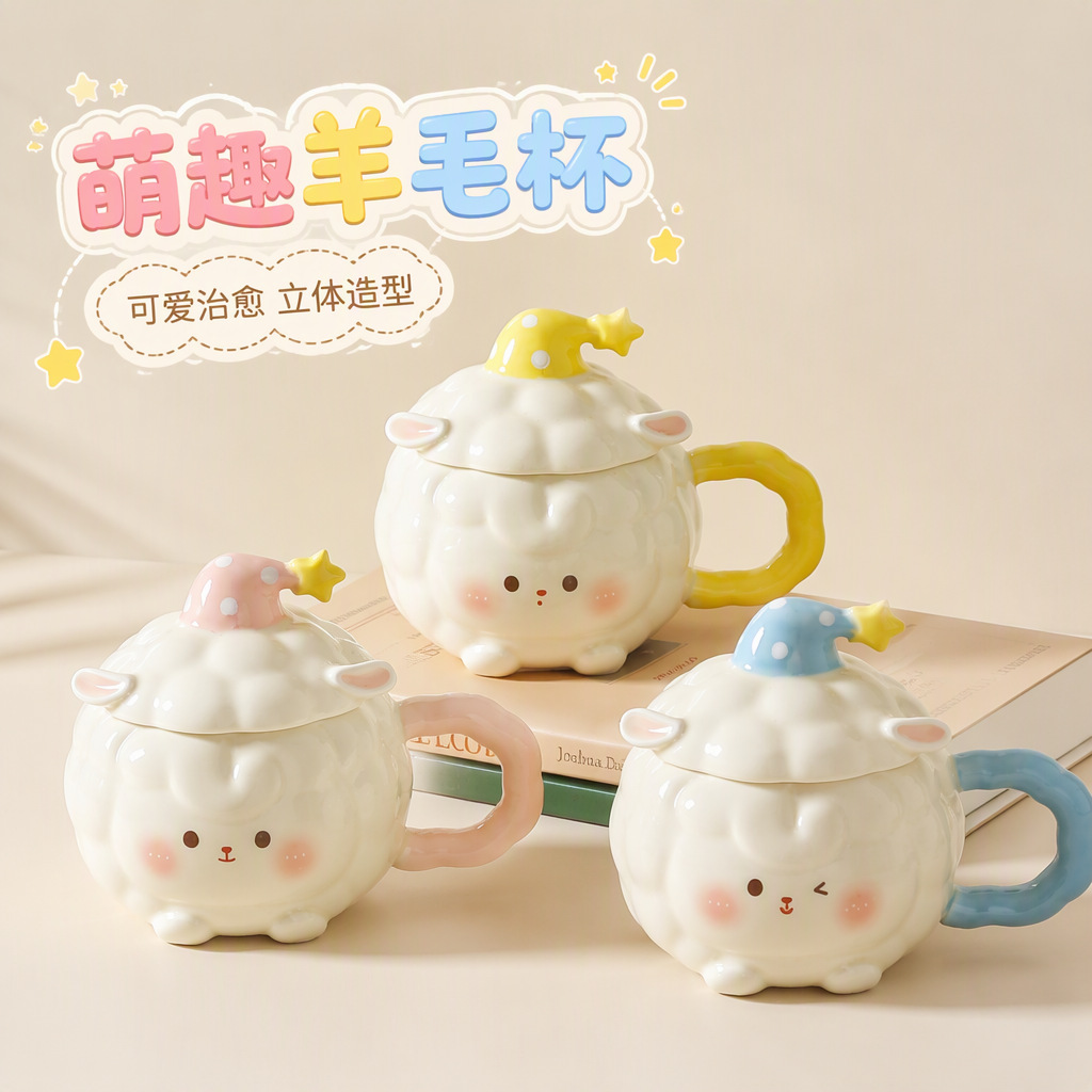 Cute little sheep ceramic mug with lid, cartoon‑style water cup—women’s home coffee mug, perfect as a Year of the Sheep gift or New Year present.