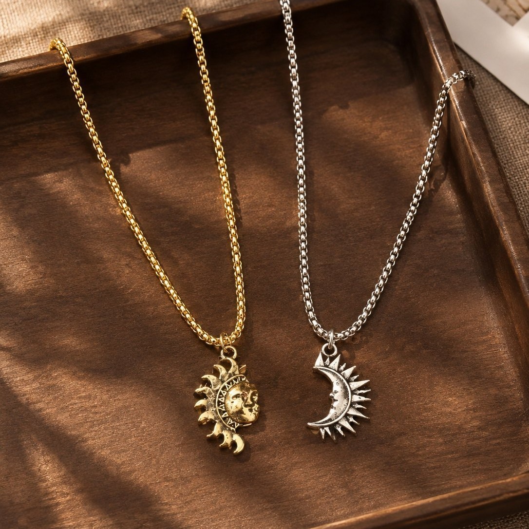 Retro sun-and-moon couple’s necklace, niche design with stacked sun-and-moon pendants—atmospheric artistic accessories for stylish outfits