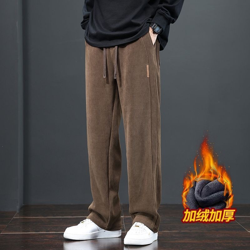 Cross-border Business Men’s Pants with Elastic Waist and Ankle Cuffs, Trendy Casual Solid-Color Striped Corduroy Trousers