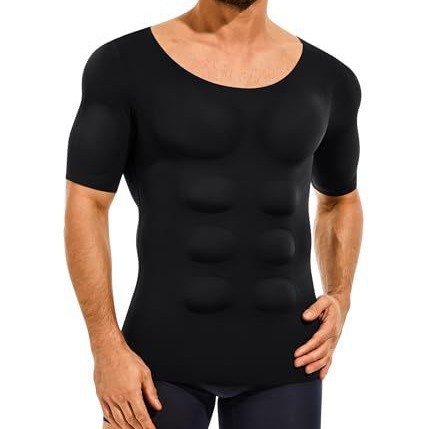 Cross-border men’s fake muscle short-sleeve body shaper, invisible simulated chest and abdominal muscles with shoulder pads, round-neck tight-fitting base layer