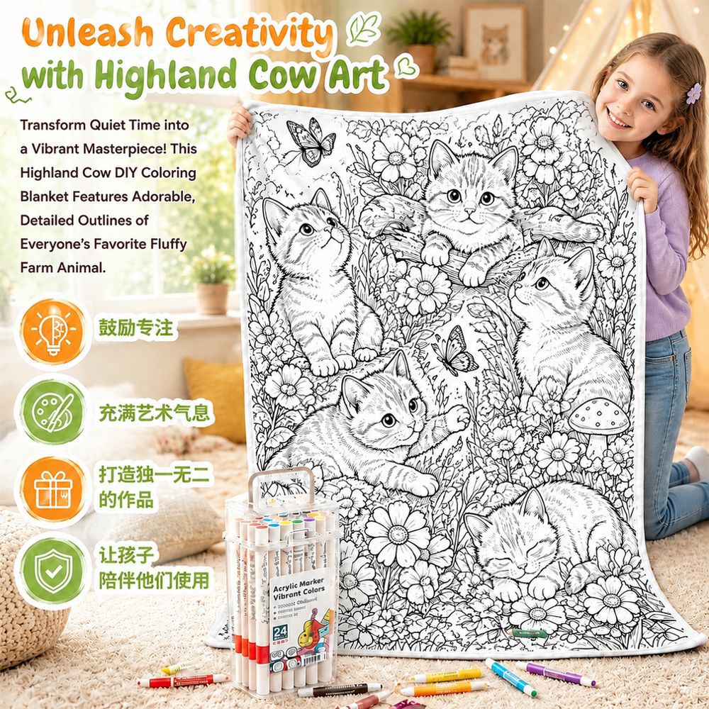 Cross-border DIY graffiti blanket, black-and-white line-drawing hand-painted blanket, creative black-and-white line-drawing coloring nap blanket, wholesale