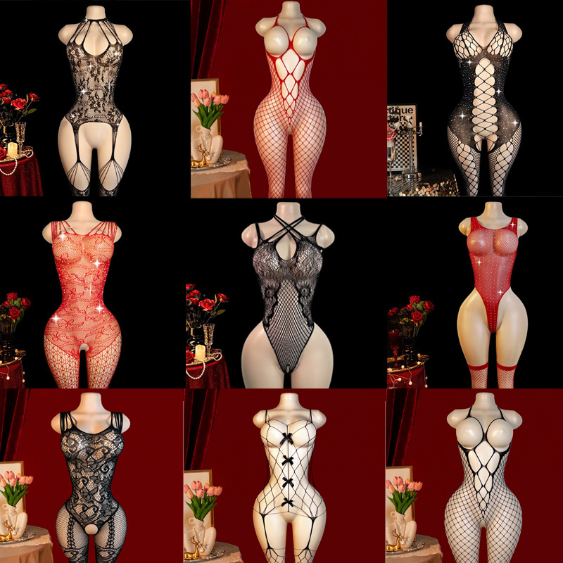 Cross-Border Foreign Trade European and American Sexy Lingerie, Open-Crotch Easy-On-Off Sexy Netting, One-Piece Stockings, Hollow-Out Sexy Design