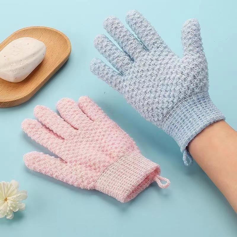 Household five-finger bath scrubbing glove with textured surface, quickly removes dirt and grime; breathable mesh opening fits the hand snugly; available in multiple colors.