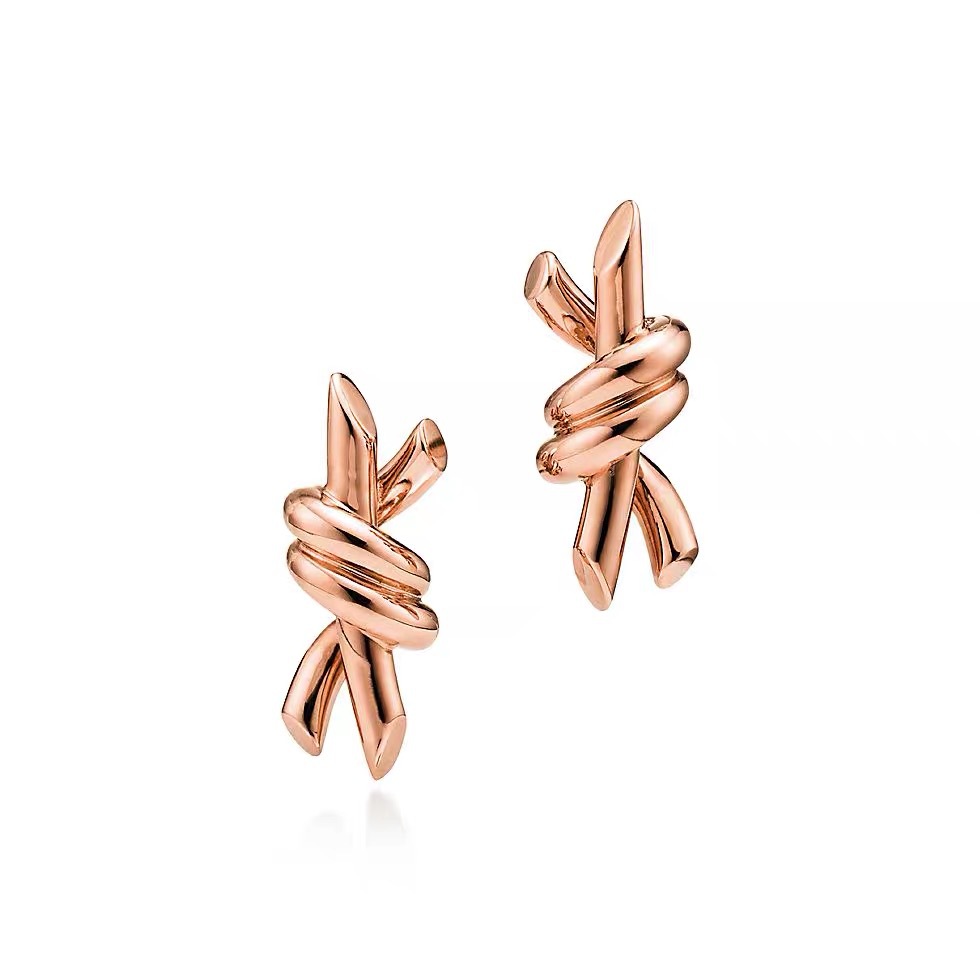 T-brand knotted stud earrings, 18K rose gold-plated, color‑retaining, high‑end aesthetic, fully paved with diamonds—fashionable classic style, factory direct sales.