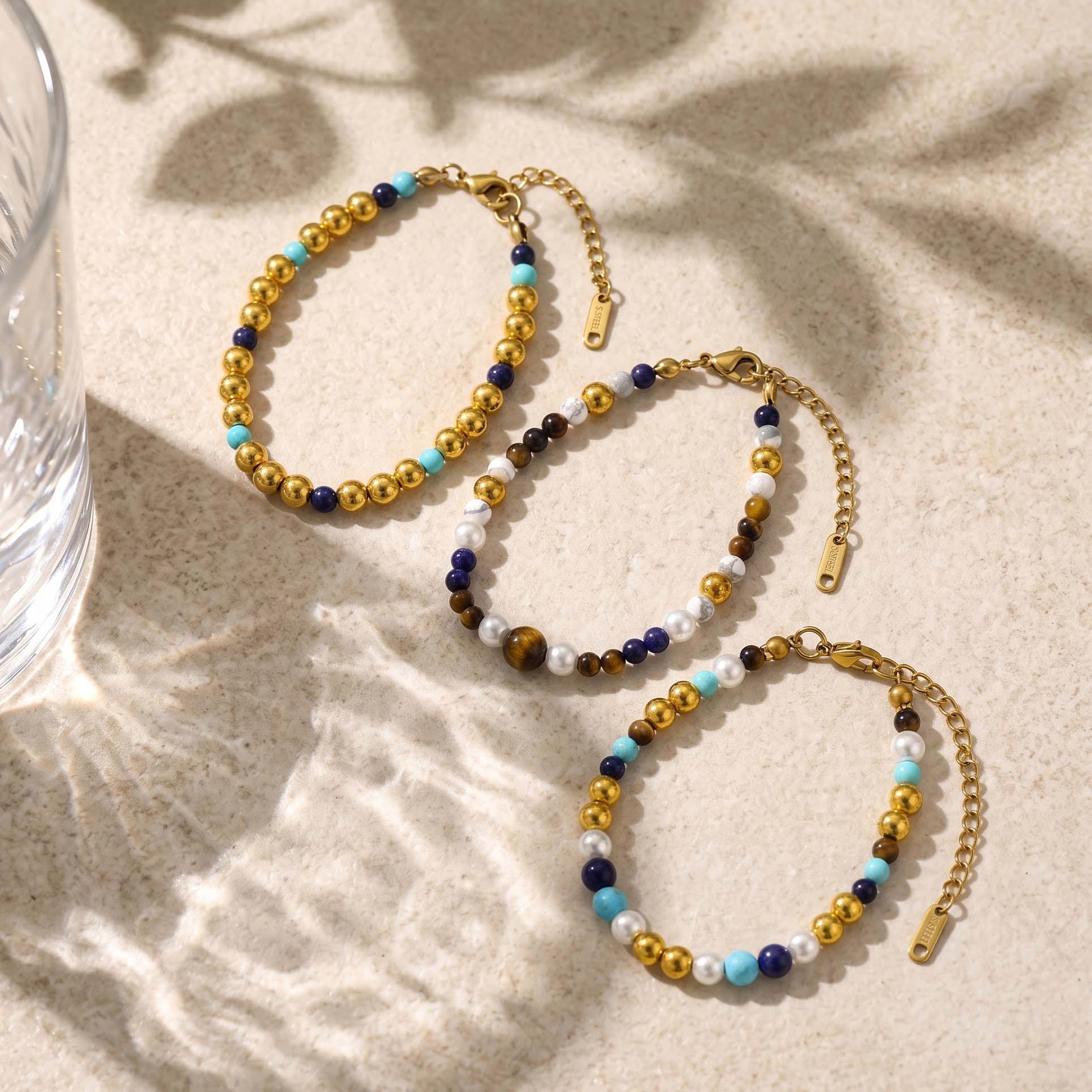 Stainless steel color-block round bead bracelets, acrylic beaded vintage bracelets, stackable personalized hand accessories, wholesale cross-border