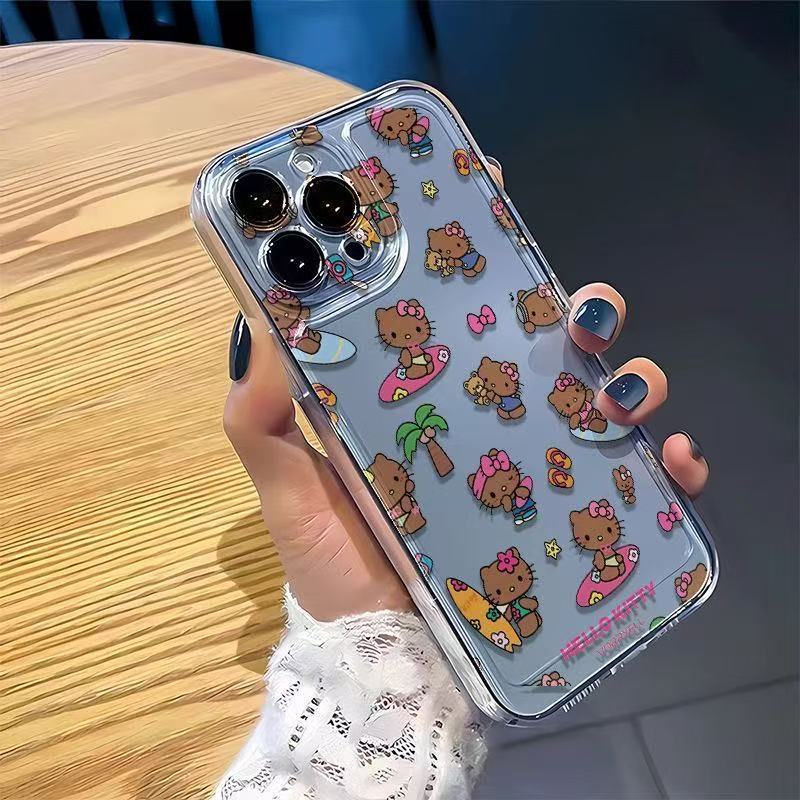 Beach-themed Hello Kitty phone case for 16 Pro Max, protective cover for 13/12, Korean style for 11, transparent for 15P/7/8, women’s model