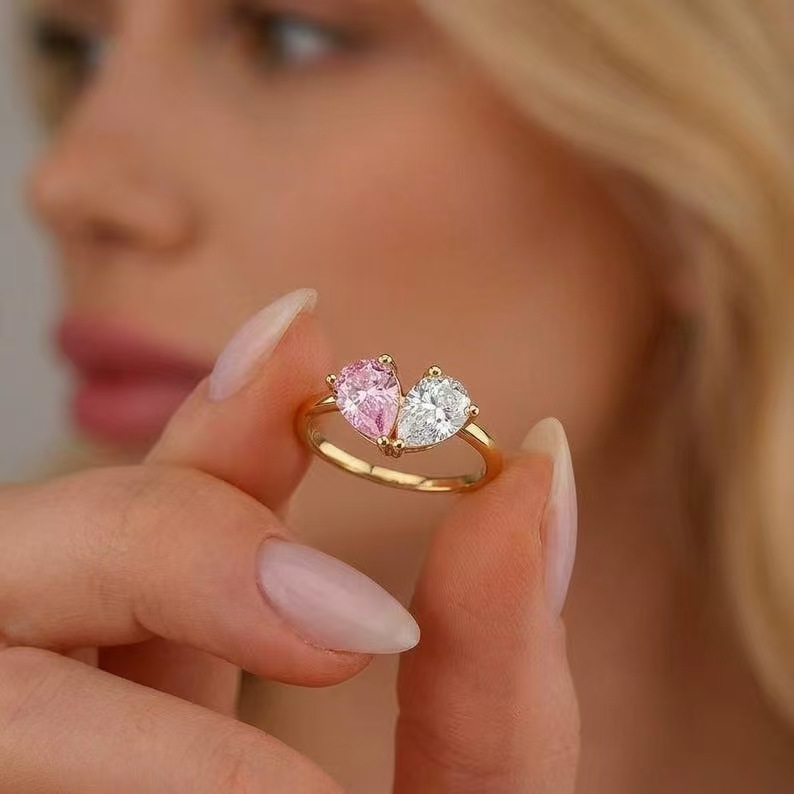 European and American cross-border best-selling double-heart zircon ring—women’s pink-and-white color-block water-drop style, fashionable and minimalist, perfect as an index finger ring