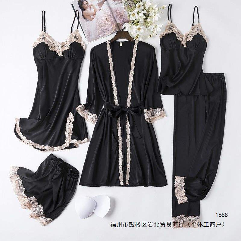 Summer/Autumn Women’s Sexy Five-Piece Sleepwear Set—Silk, Thin, Plus-Size, Long-Sleeve Robe and Skirt with Shoulder Straps and Chest Pads, Suitable for Outwear