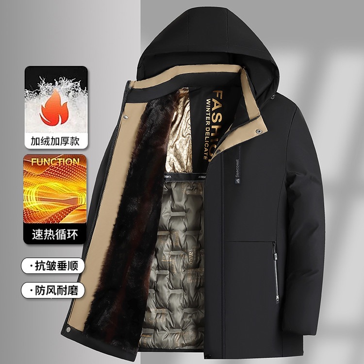 Winter Men’s Parka, New Cotton-Padded Coat for Middle-Aged and Elderly Dads, Velvet-Lined, Thickened, Mid-Length, Windproof Outerwear