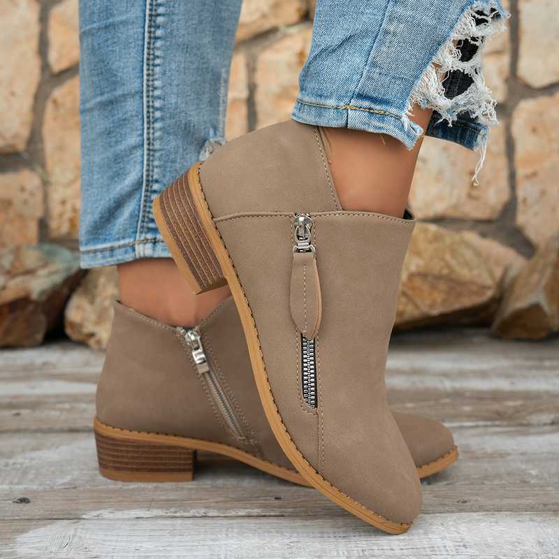 Winter Short Boots, Cross-Border Women's Fashion, Slimming Thick Heel, Pointed Toe, Plus Size, European and American Style, Side Zipper, Double Women's Boots, New Arrival