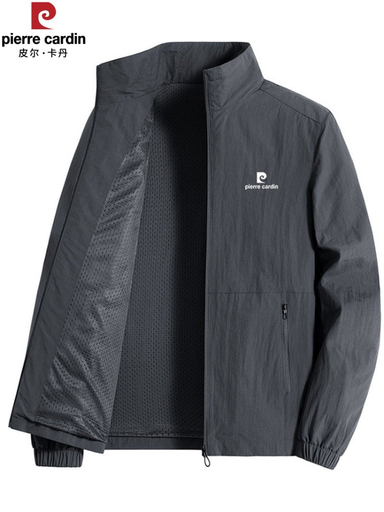 Pierre Cardin stand-up collar jacket—men’s spring/autumn thin windproof waterproof workwear, versatile loose-fit fleece-lined top.