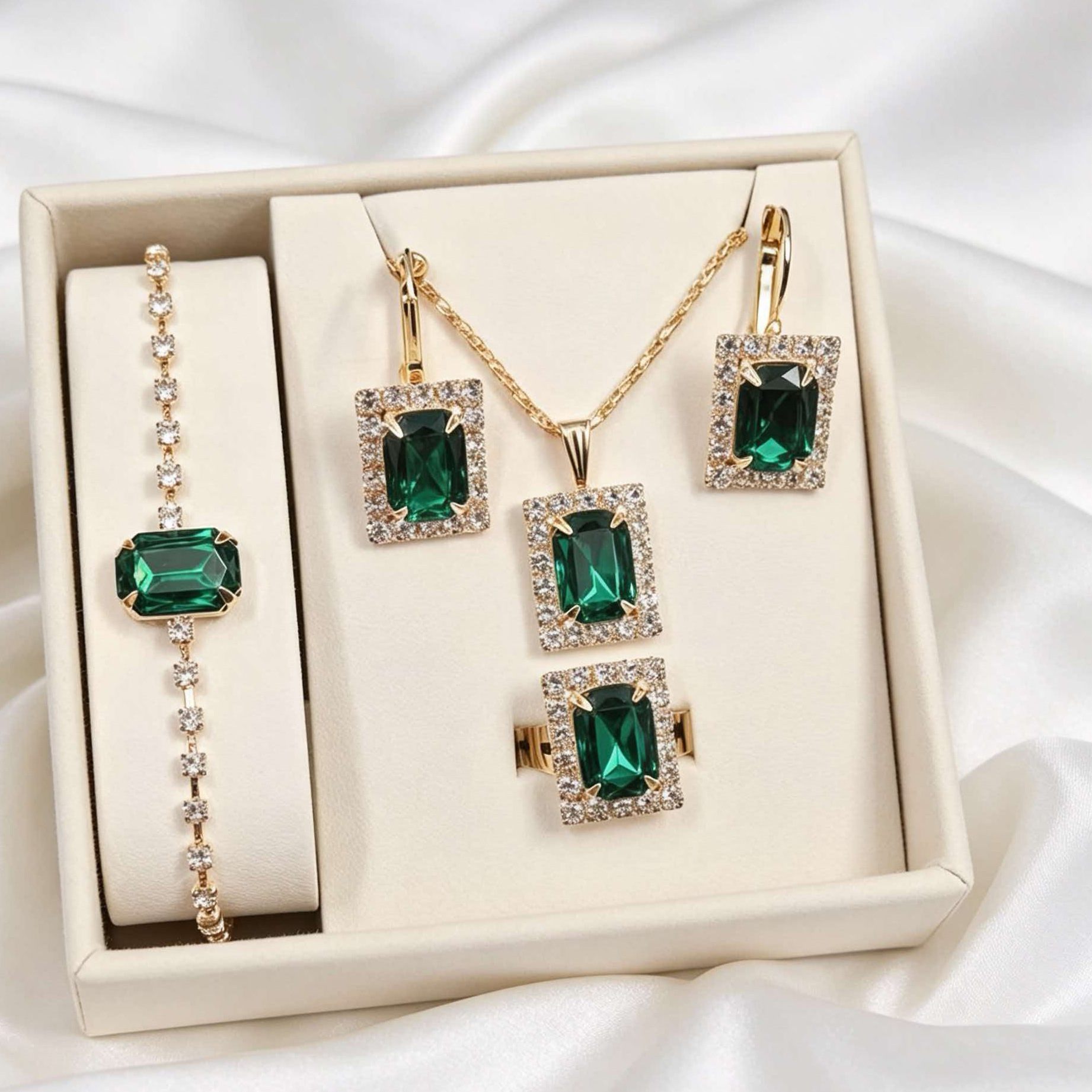New European and American Square‑Cut Diamond Jewelry Set: Fashionable Colorful Rhinestone Necklace, Earrings, and Ring with Bracelet—Bridal Accessories