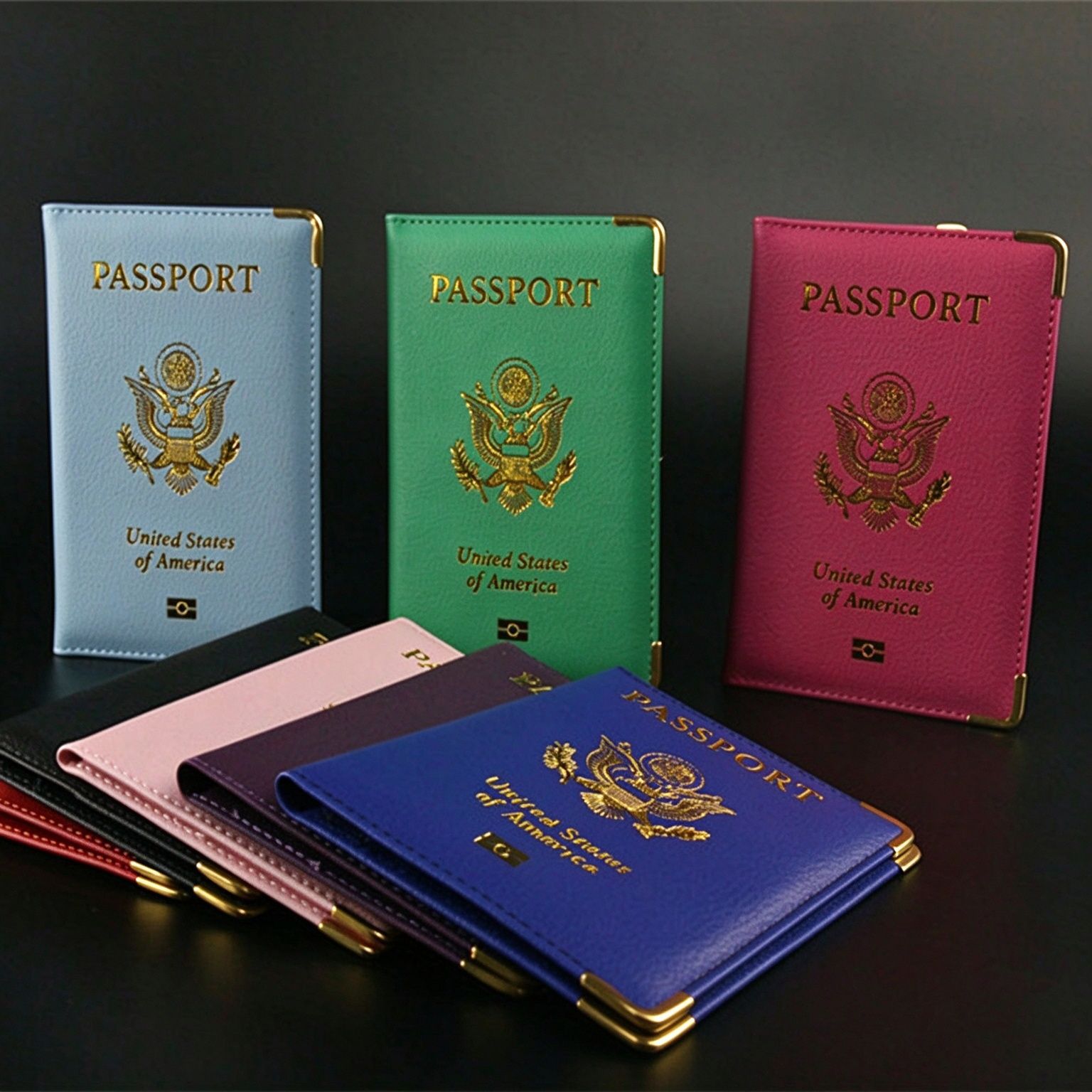 Wholesale PU leather passport covers, travel document storage clips, gold‑bordered corner protectors, customizable logo options