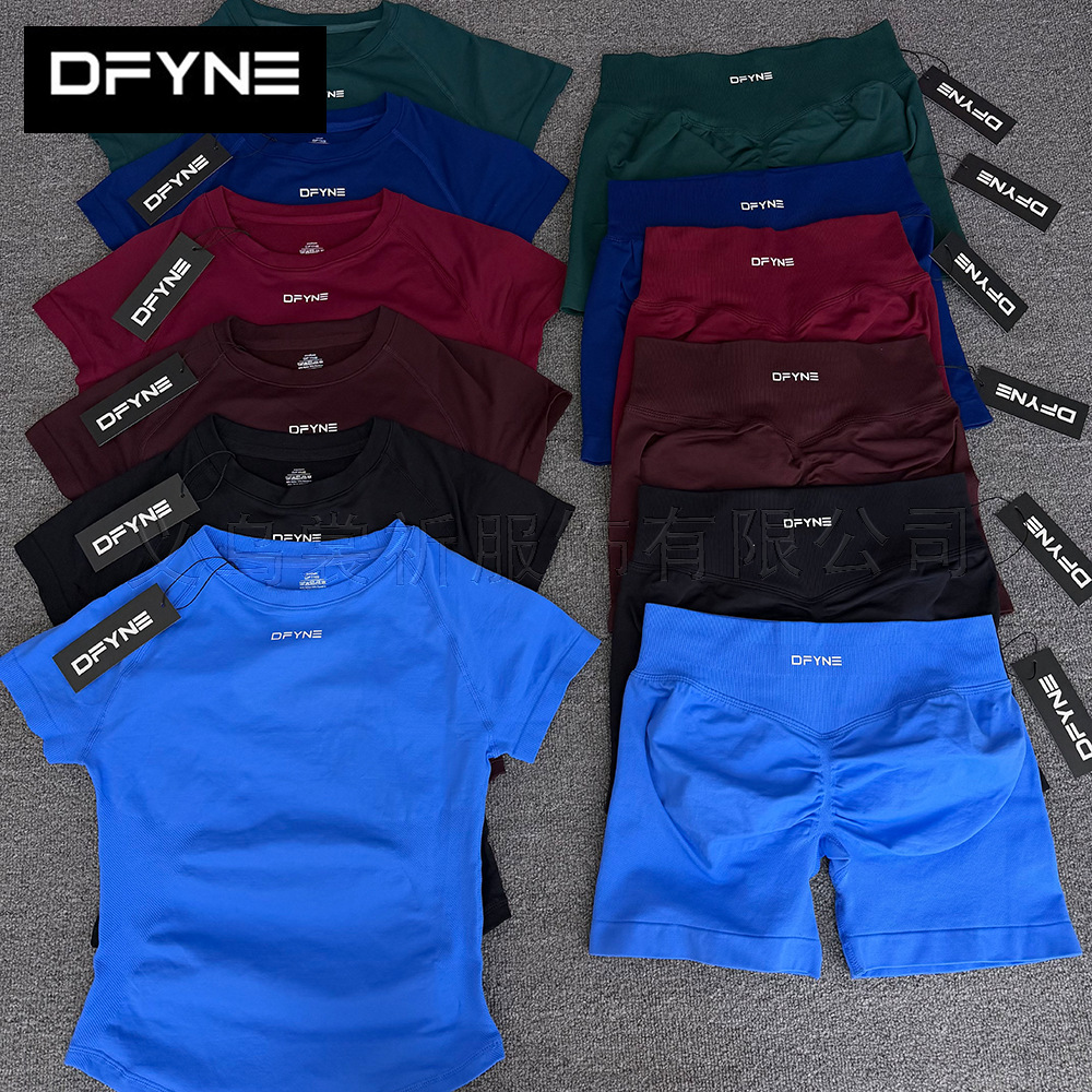 Best-selling short-sleeve DFYNE Amazon hot‑selling matte nylon tight seamless yoga and workout fitness set