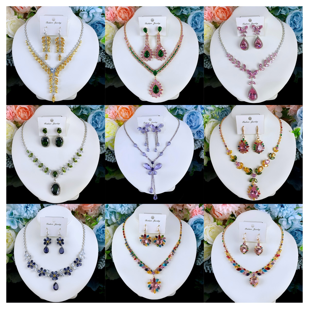 European and American‑style colorful zircon necklace and earring set—ideal for banquets, parties, and wedding ensembles; a light‑luxury jewelry set available for wholesale.