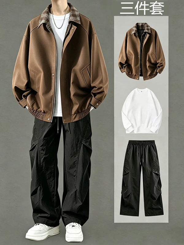 Spring/Autumn Maillard‑Style Patchwork Fake‑Two‑Piece Lapel Jacket – Men’s Elegant Outfit, Versatile Casual Set for Teens